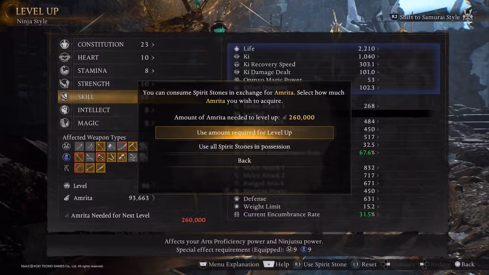 A solicitação em Nioh 3 para usar pedras espirituais para subir de nível.