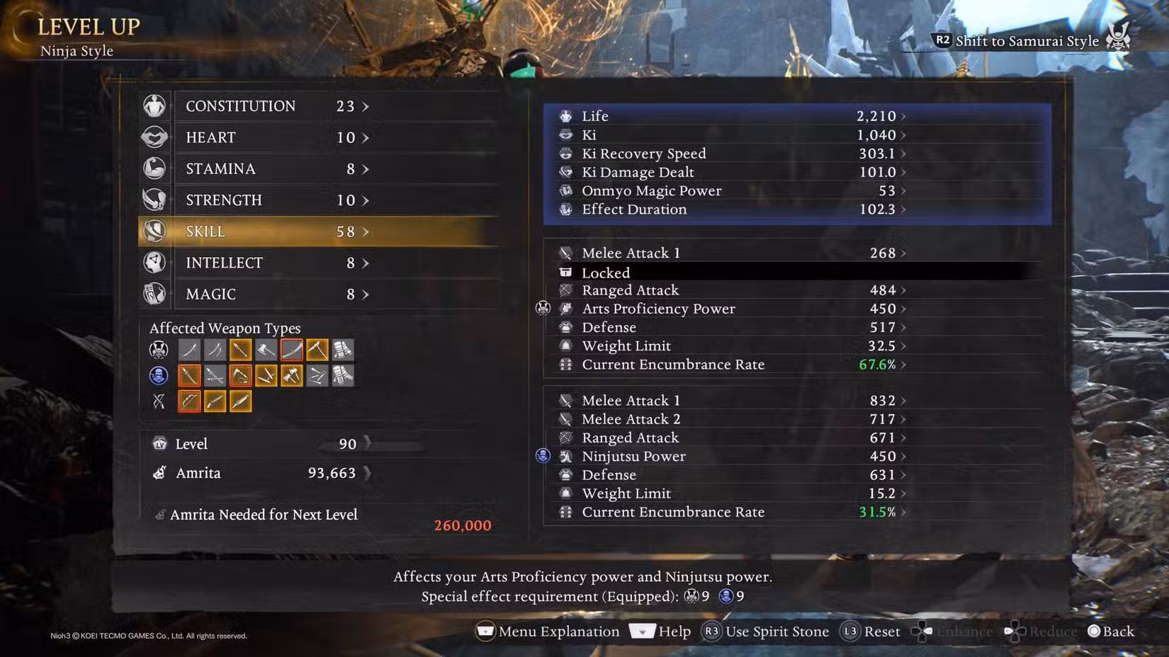 A tela de subida de nível mostrando quais tipos de armas estão vinculados a quais habilidades.