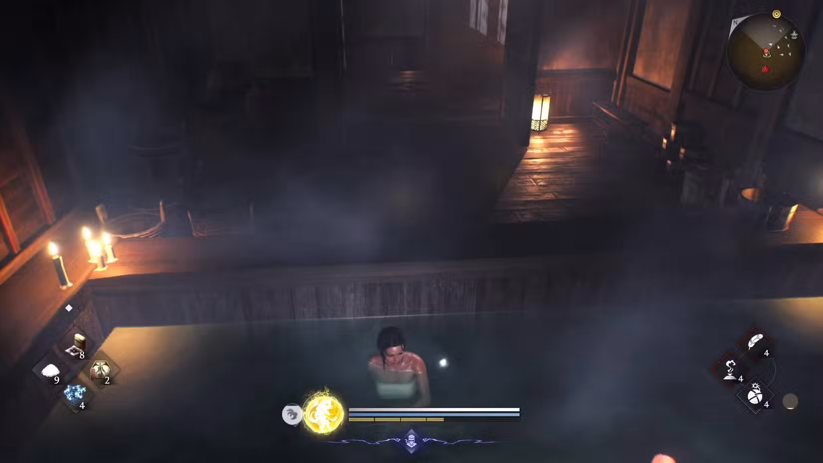 O jogador de Nioh 3 relaxando em uma fonte termal.