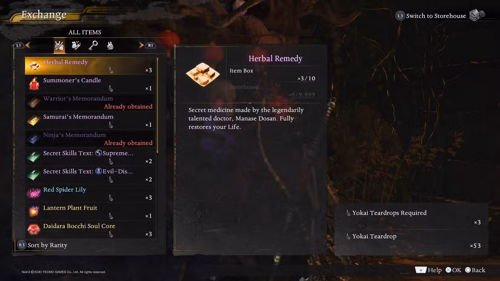 O menu de troca em um comerciante Sudama em Nioh 3.