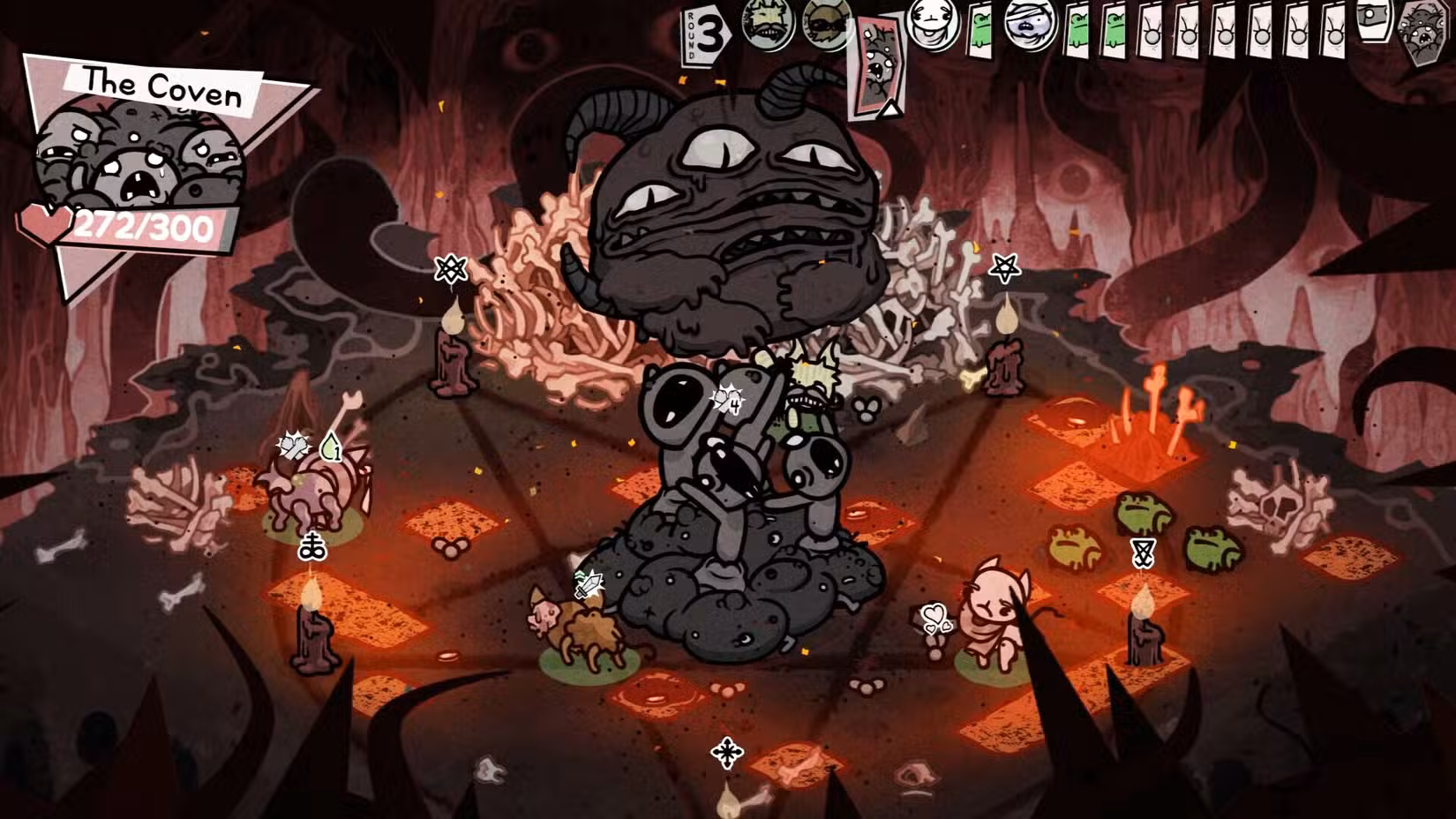 Batalha Mewgenics mostrando gatos lutando contra um grande monstro com chifres chamado coven