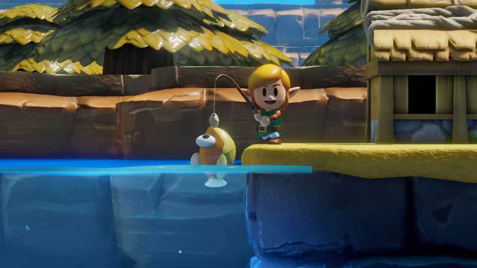 Link pega um peixe em uma captura de tela de The Legend of Zelda: Link's Awakening (2019)