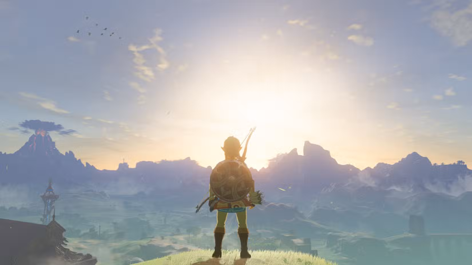 Link fica no Grande Planalto e observa a paisagem de Hyrule em Zelda: Breath of the Wild