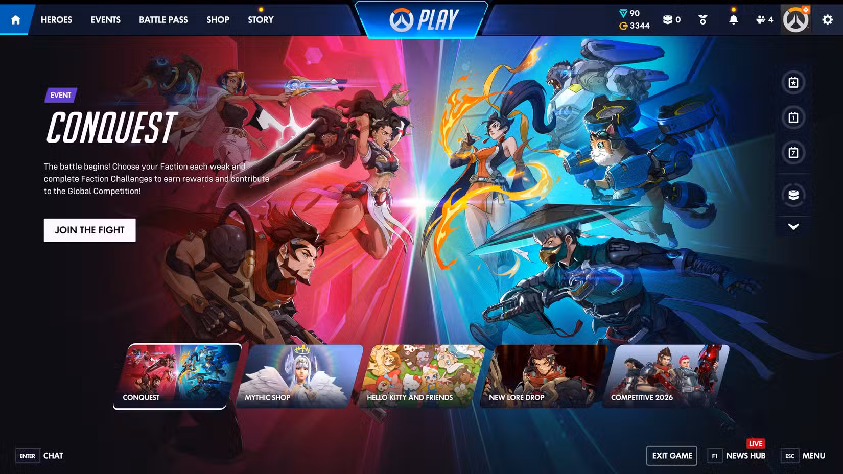 UI/UX atualizada de Overwatch com a tela principal do Conquest