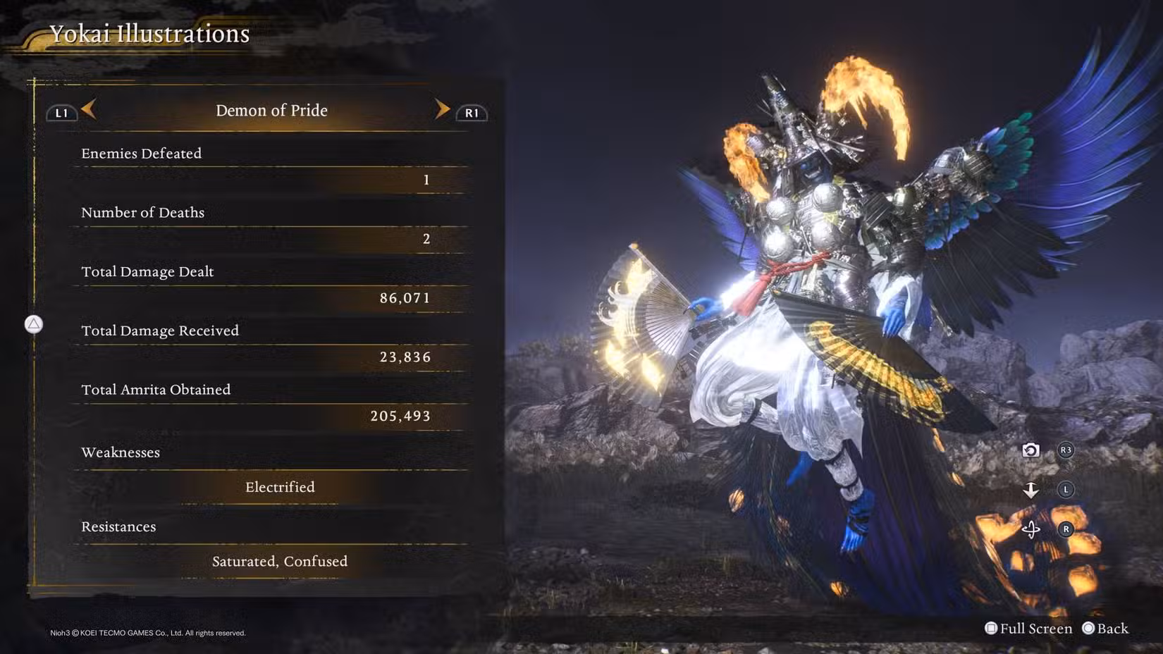 A página de ilustração do Demônio do Orgulho em Nioh 3.