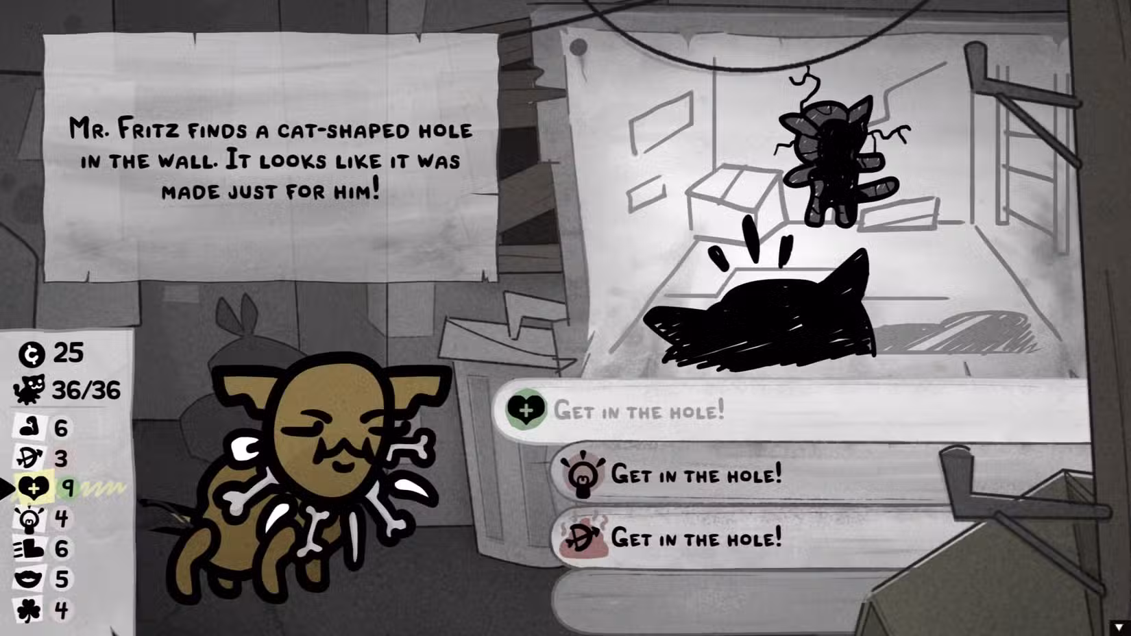 Um gato pensa em entrar em um buraco no Mewgenics.