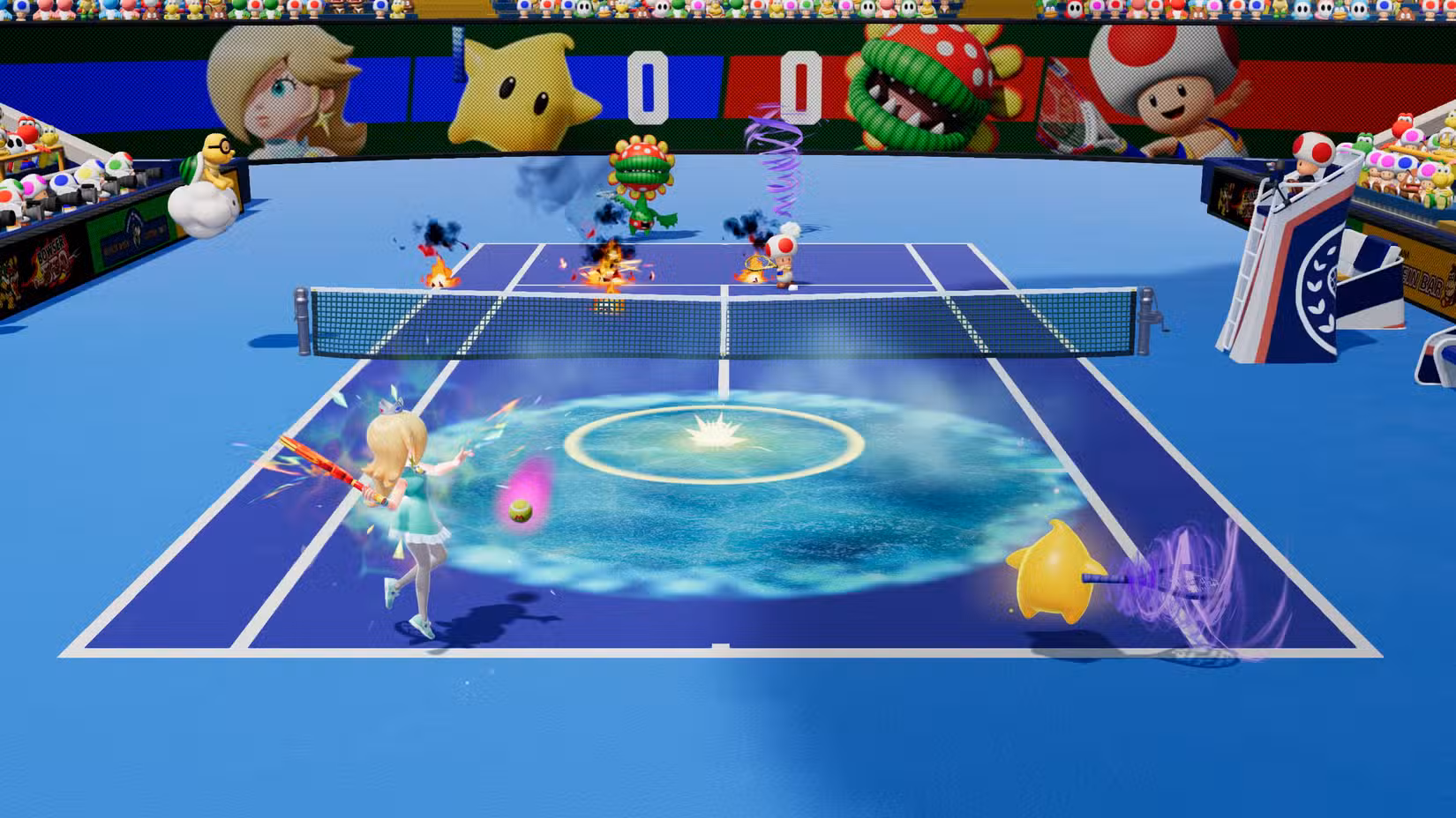 Rosalina e Luma jogam contra Toad e Piranha Plant em quadra dura em Mario Tennis Fever. A quadra tem gelo, redemoinhos e fogos