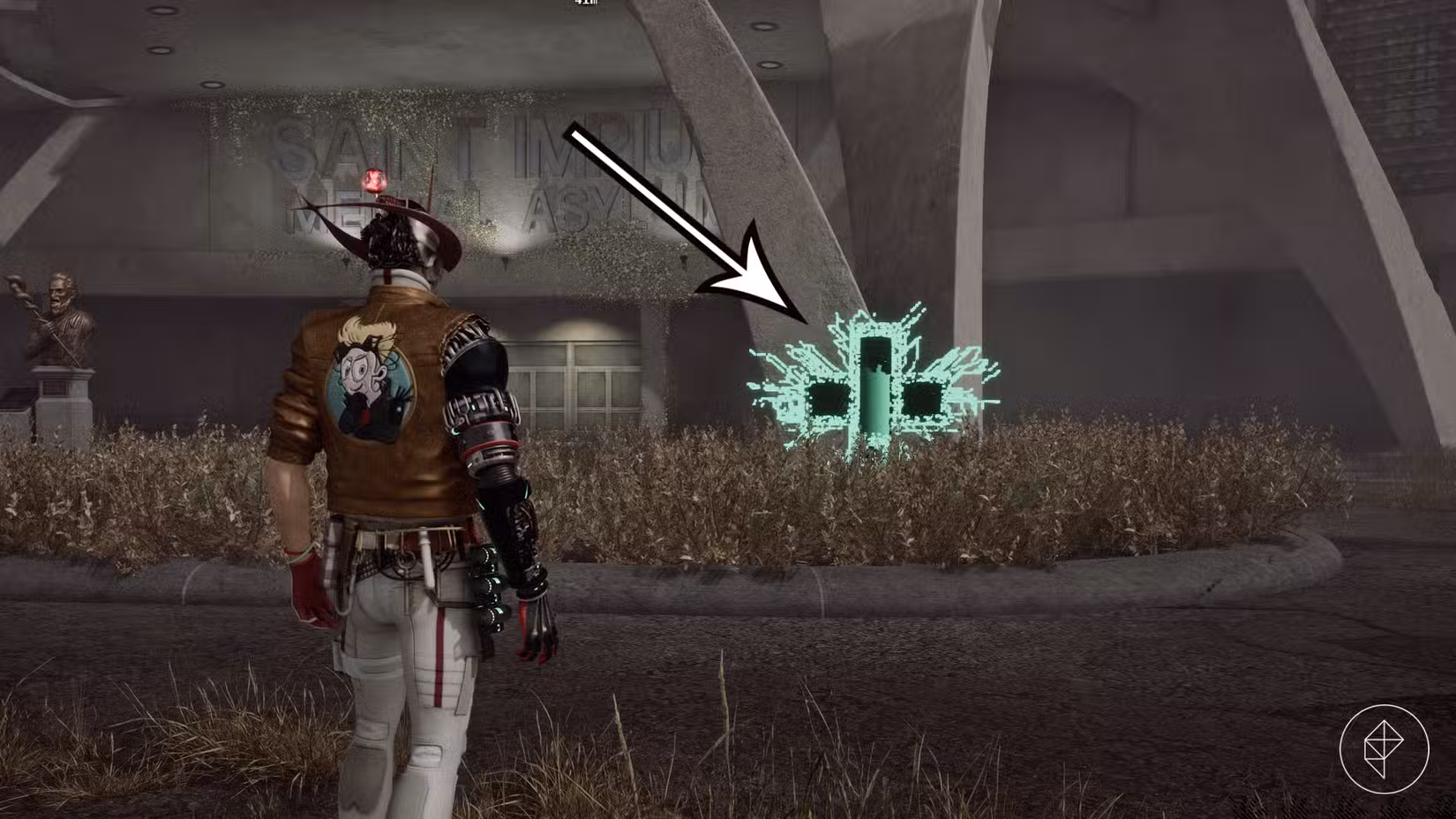 Uma seta aponta para uma Farmácia Espaço-Tempo em Romeo Is A Dead Man.