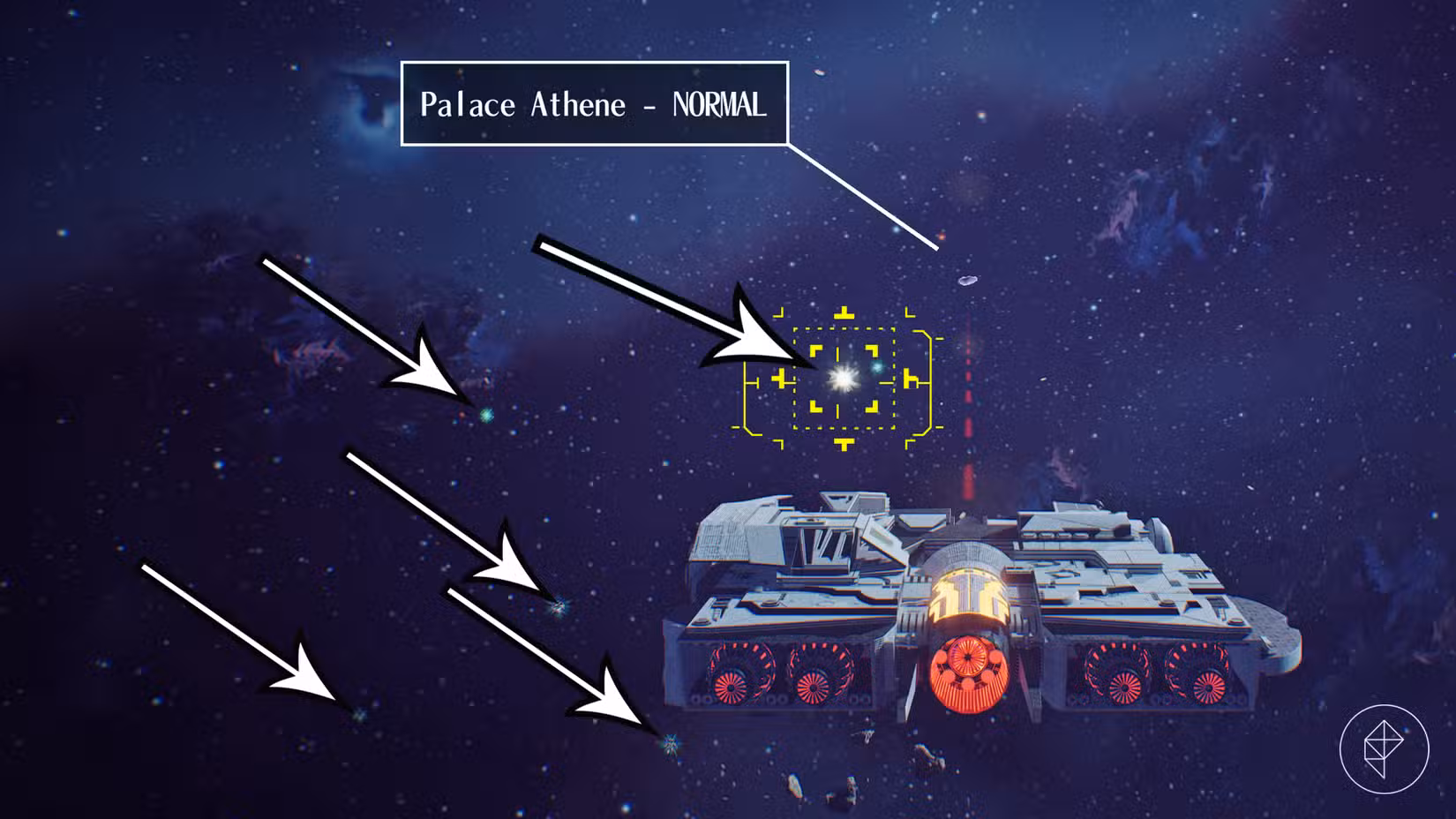 As setas apontam para detritos espaciais em Romeo Is A Dead Man.