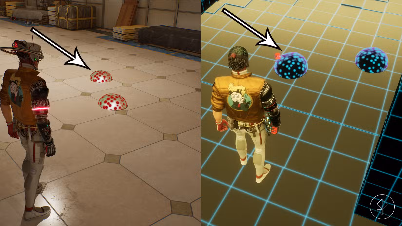 As setas apontam para bolhas irregulares contendo Emerald Flowsion e recuperação de HP em Romeo Is A Dead Man.