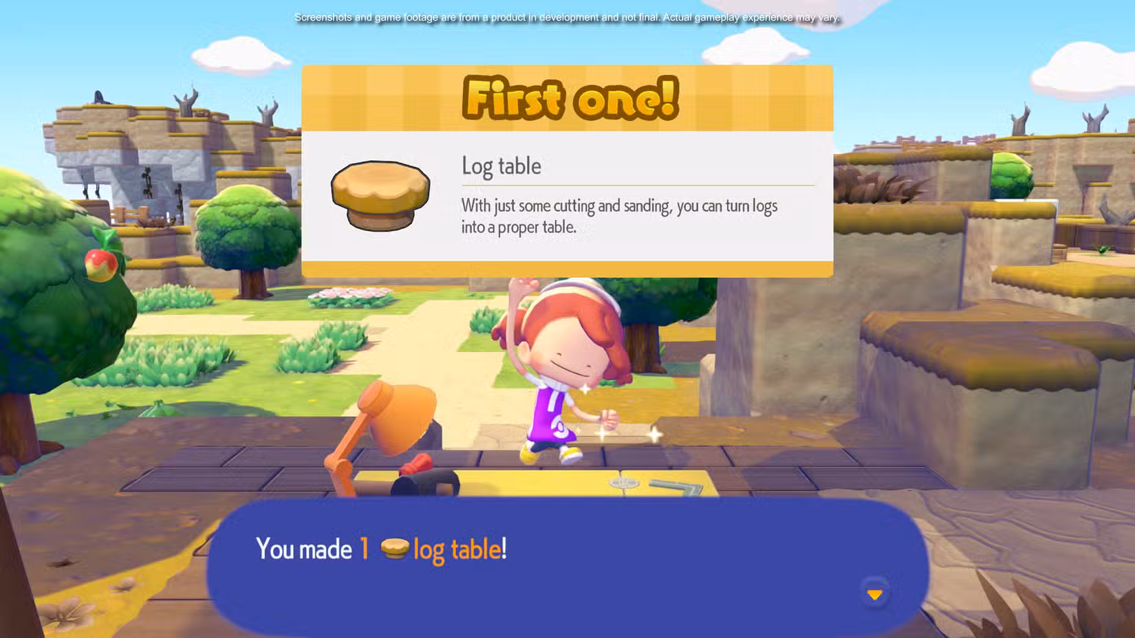 Um jogador cria uma mesa de toras em uma bancada de artesanato em Pokémon Pokopia.