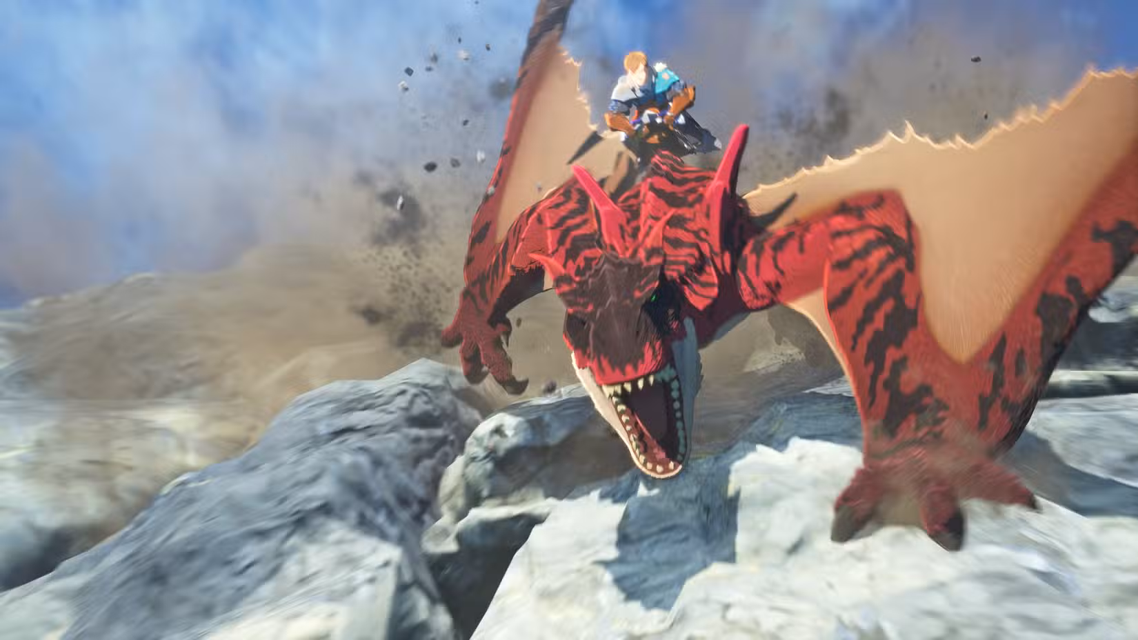 Um herói de Monster Hunter Stories 3 monta um dragão 