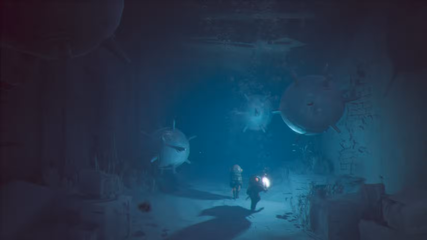 As crianças usam equipamento de mergulho para andar debaixo d'água no Reanimal.