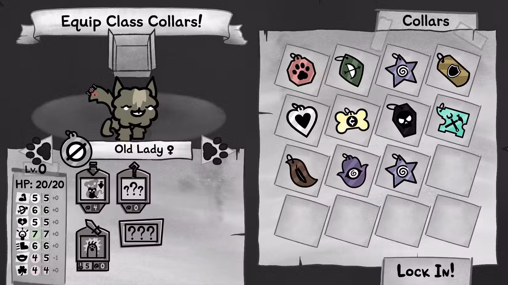 O menu de aventura no Mewgenics mostrando as coleiras.