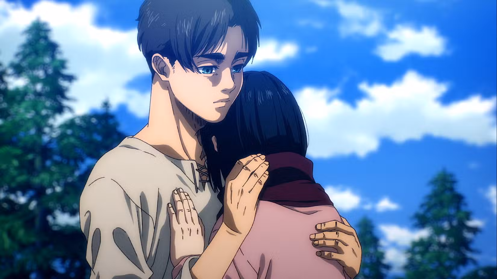 Mikasa e Eren se abraçando enquanto se despedem em Attack on Titan