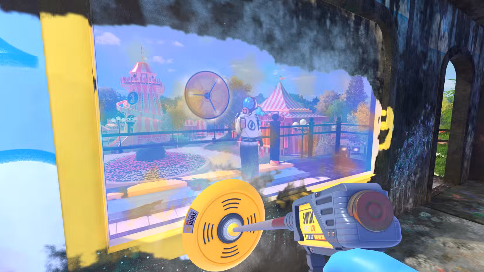 O jogador lava uma parede pintada no Powerwash Simulator 2