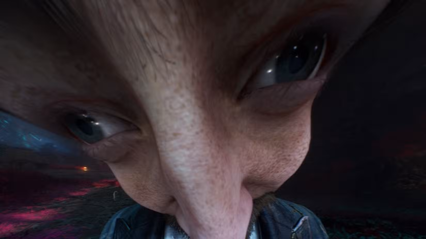 Outra foto do Modo Foto, ampliada tanto que apenas os olhos, nariz e ombros do personagem ficam visíveis.