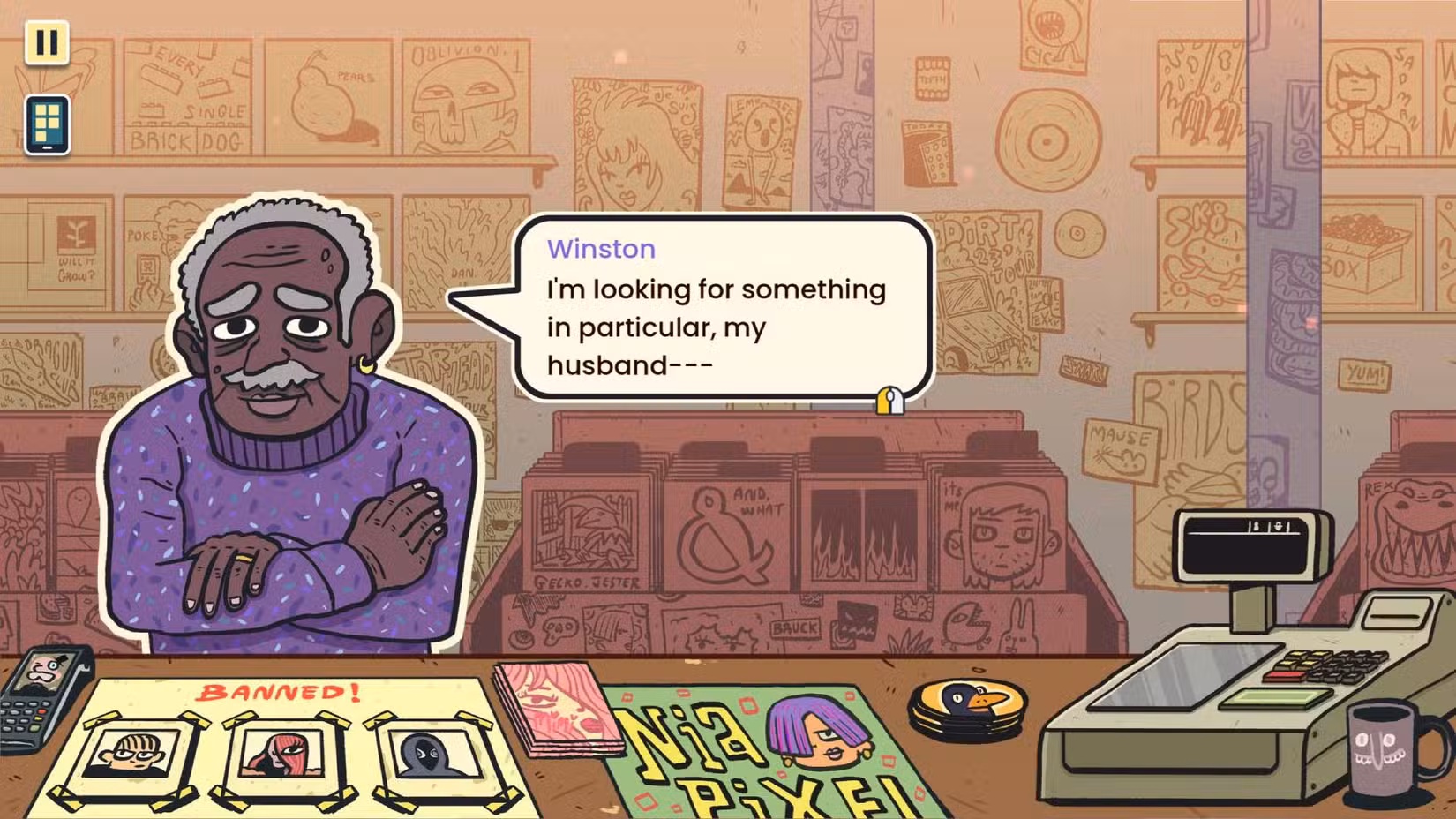 Uma captura de tela do Wax Heads onde um cliente chamado Winston explica que está procurando algo em particular que seu marido gostou.