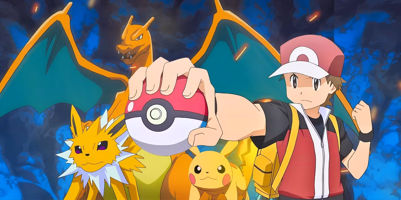 Red do anime Pokémon com Jolteon, Charizard e Pikachu