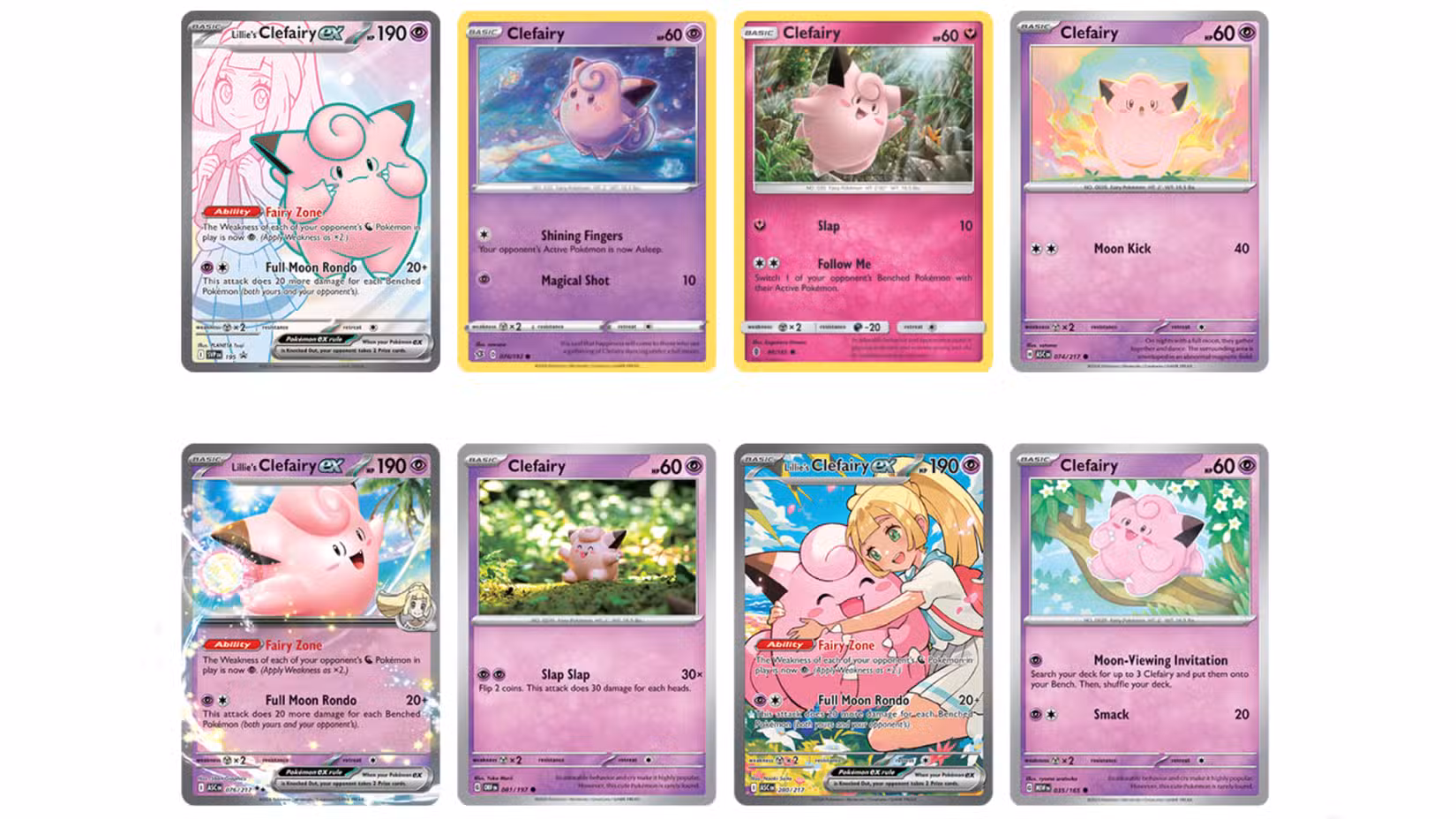 Um grupo de oito cartas Clefairy diferentes