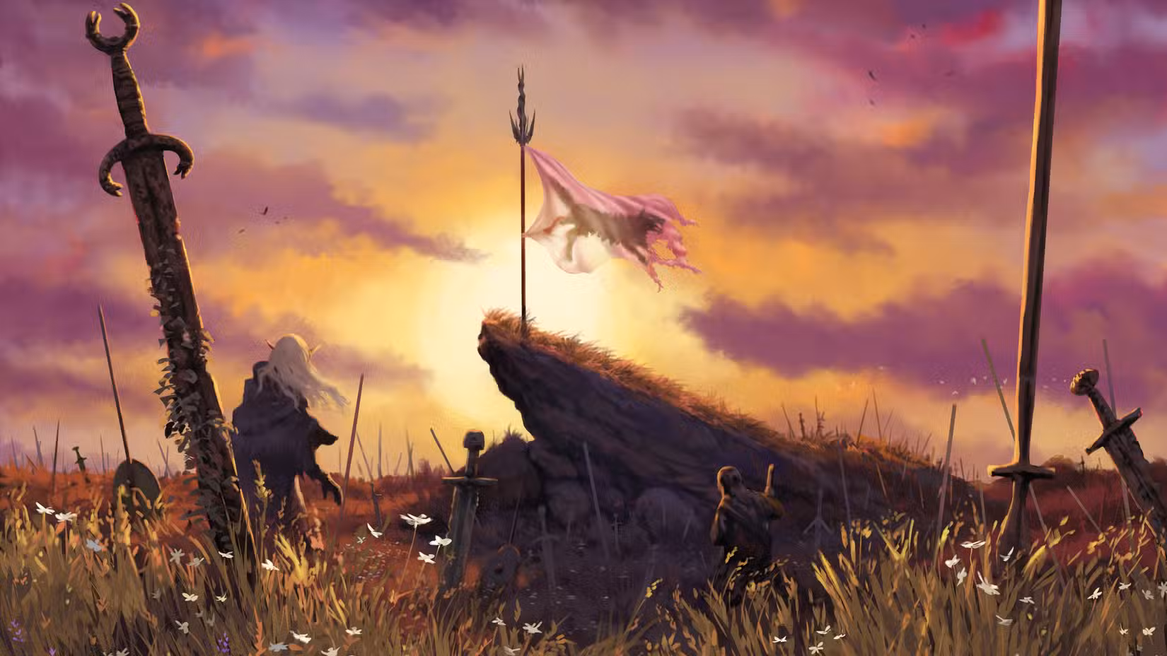 Um elfo está em um campo com uma bandeira de lobo rasgada cheia de armas e escudos abandonados há muito tempo na arte de Beyond the Woods