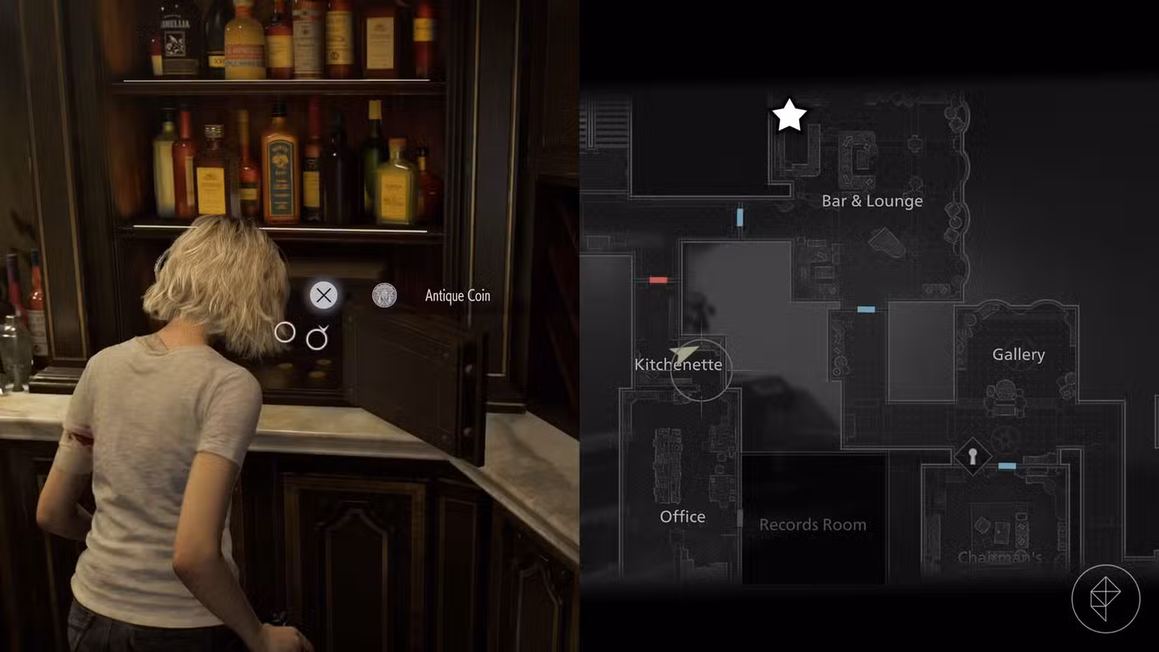 Uma montagem de duas imagens de Resident Evil Requiem mostrando a localização da Moeda Antiga número 15, 16 e 17