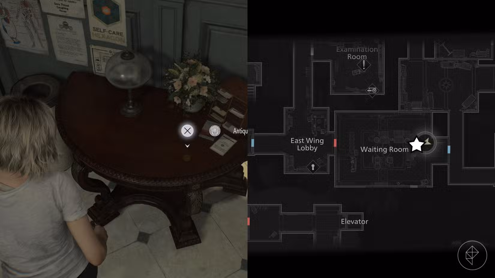 Uma montagem de duas imagens de Resident Evil Requiem mostrando a localização da Moeda Antiga número 8