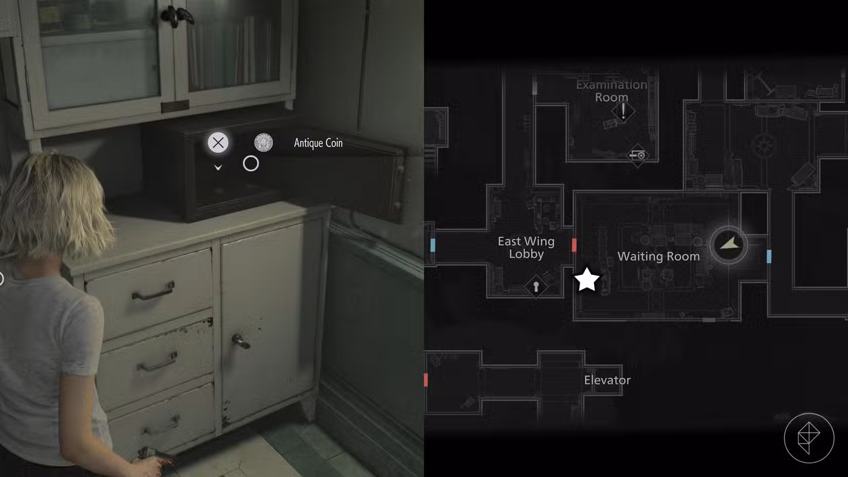 Uma montagem de duas imagens de Resident Evil Requiem mostrando a localização das Moedas Antigas número 9 e 10