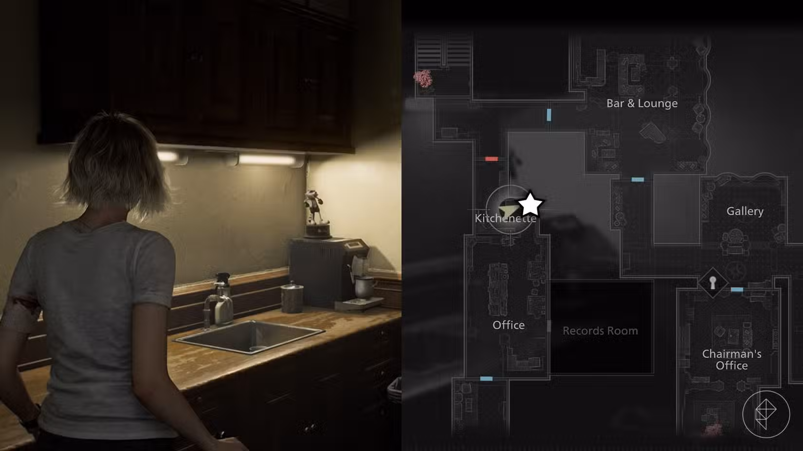 Uma montagem de duas imagens de Resident Evil Requiem mostrando a localização da estátua número 4 do Sr. Raccoon