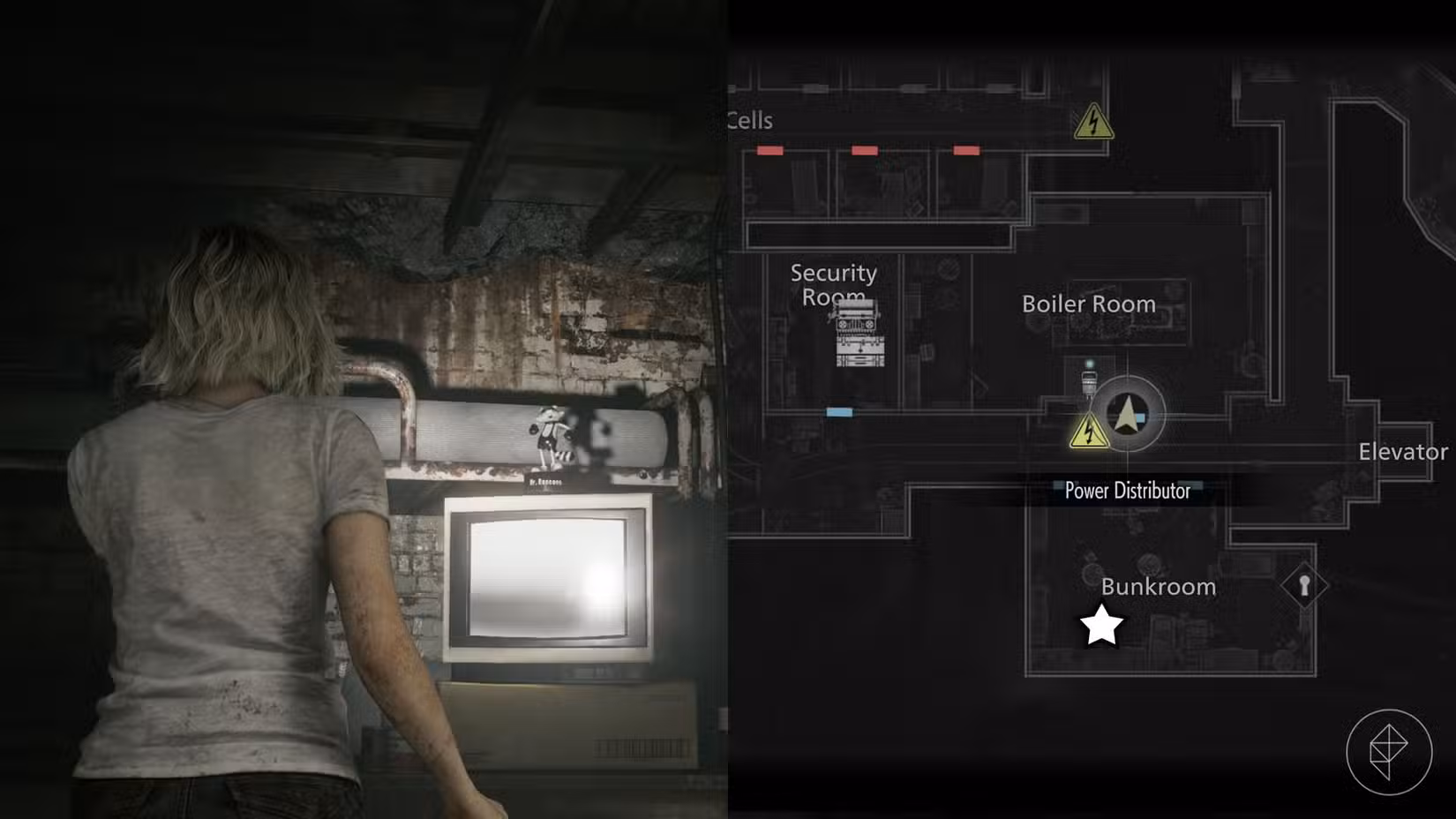 Uma montagem de duas imagens de Resident Evil Requiem mostrando a localização da estátua número 8 do Sr. Raccoon