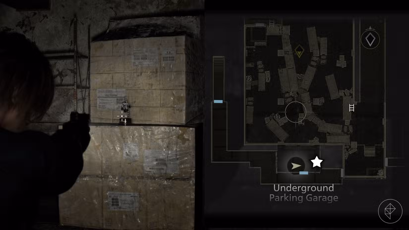 Uma montagem de duas imagens de Resident Evil Requiem mostrando a localização da estátua número 13 do Sr. Raccoon