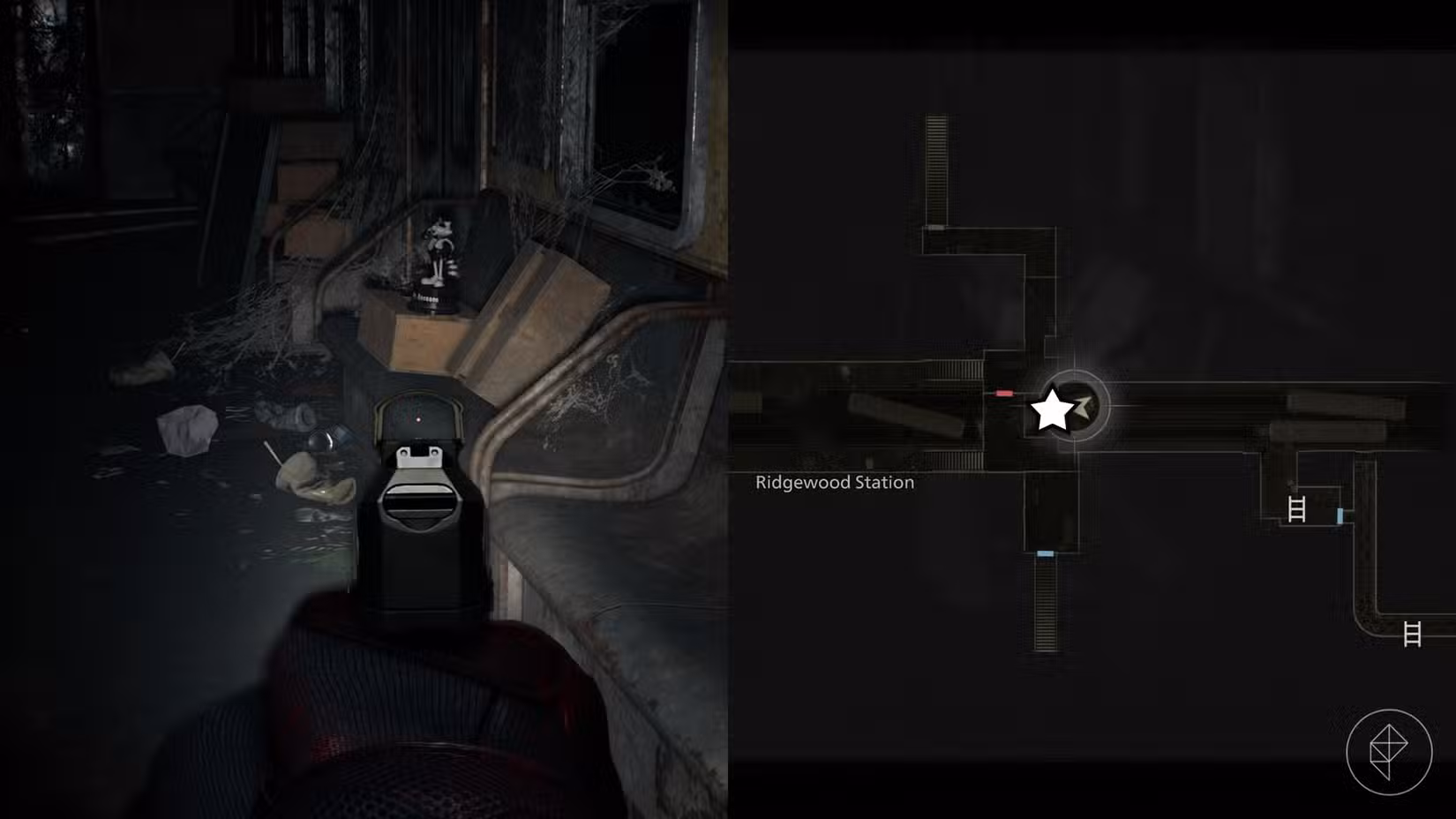 Uma montagem de duas imagens de Resident Evil Requiem mostrando a localização da estátua número 18 do Sr. Raccoon