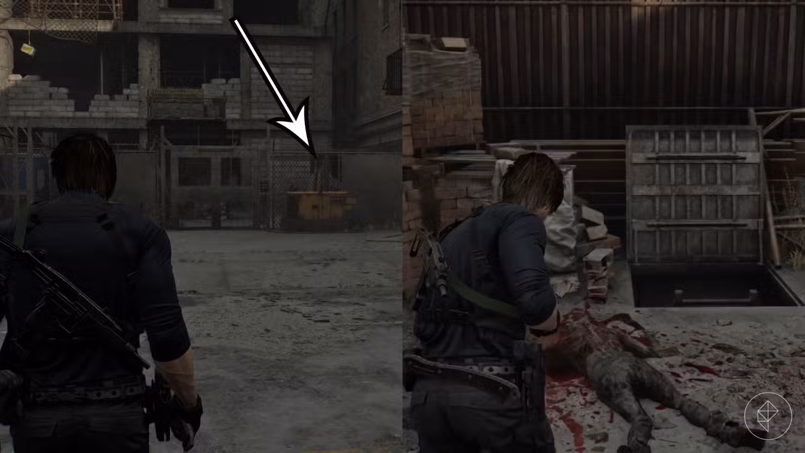 Uma montagem de duas imagens de Resident Evil Requiem mostrando a localização da estátua número 17 do Sr. Raccoon