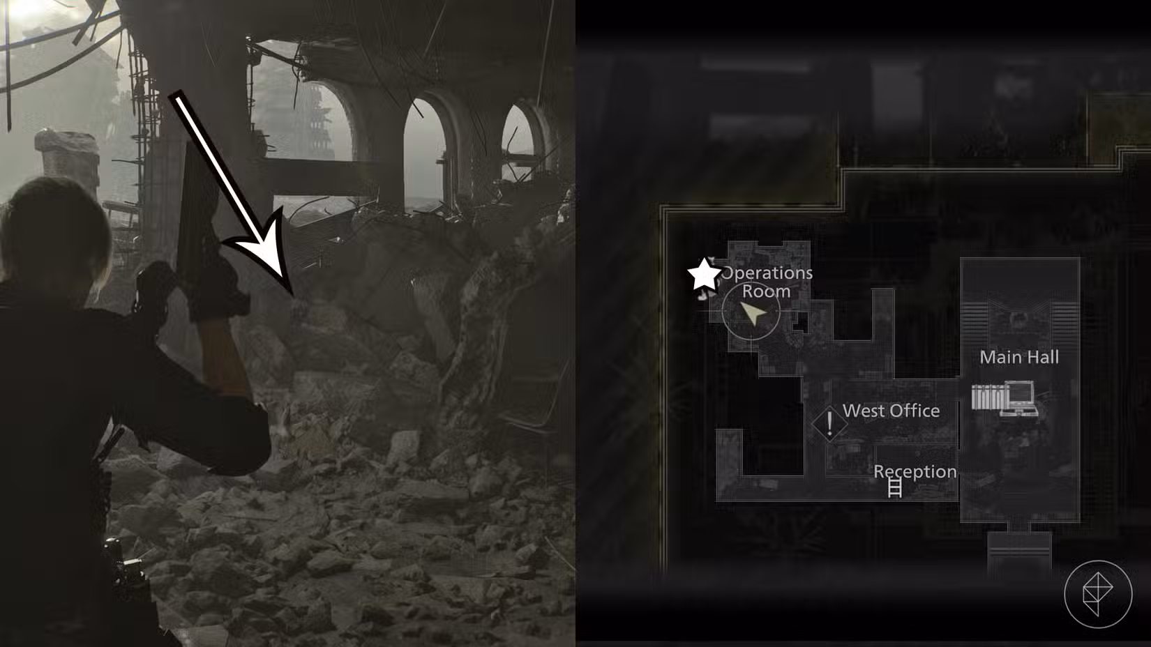 Uma montagem de duas imagens de Resident Evil Requiem mostrando a localização da estátua número 21 do Sr. Raccoon