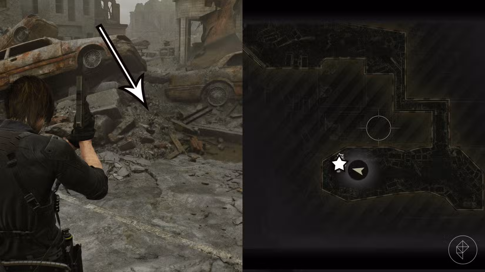 Uma montagem de duas imagens de Resident Evil Requiem mostrando a localização da estátua número 20 do Sr. Raccoon