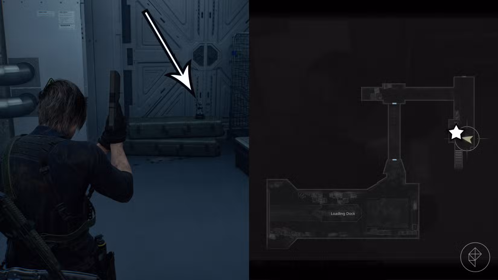 Uma montagem de duas imagens de Resident Evil Requiem mostrando a localização da estátua número 24 do Sr. Raccoon