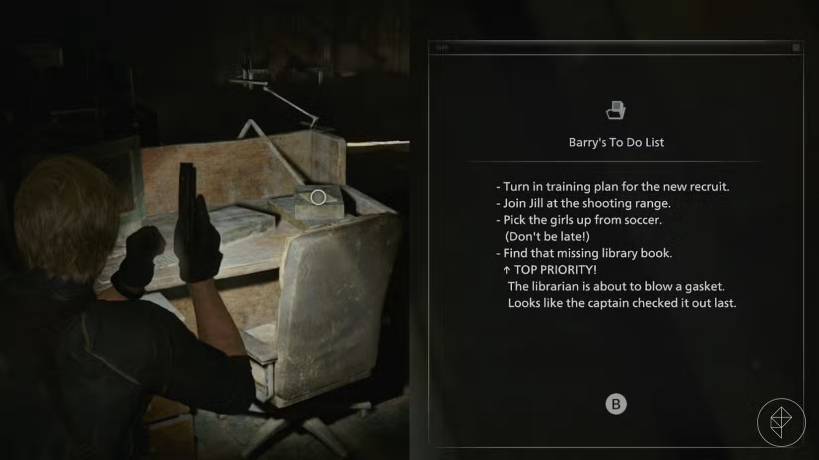 A lista de tarefas de Barry em uma mesa no escritório do STARS em Resident Evil Requiem.