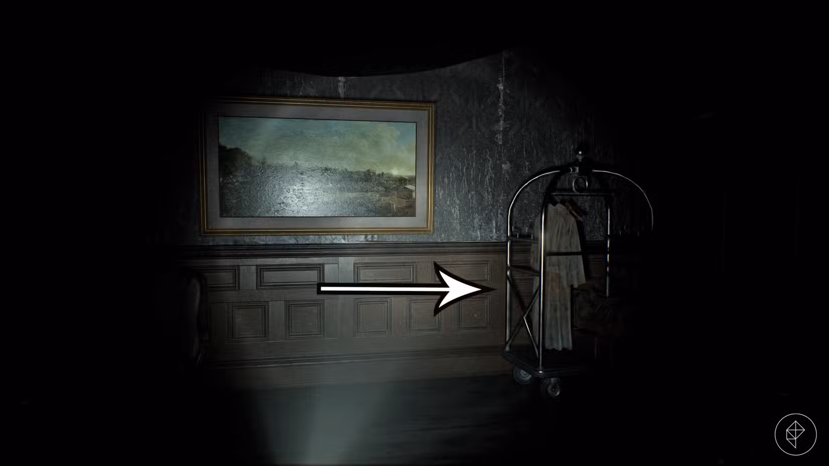Um grande porta-retratos e cabideiro em Resident Evil Requiem.