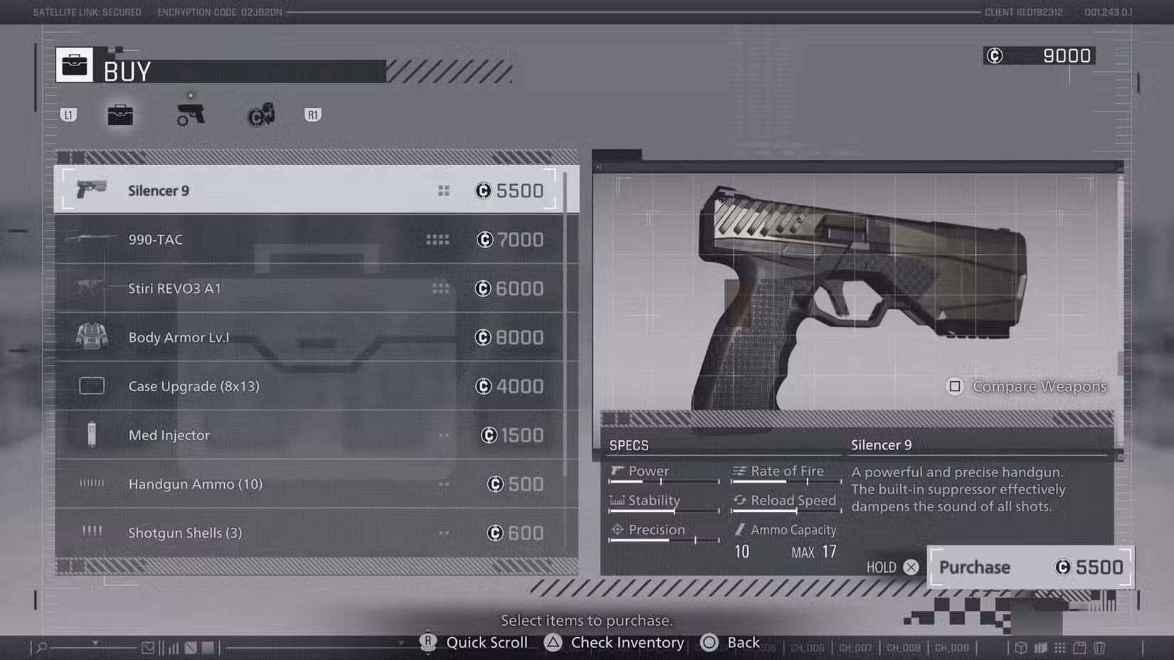 Uma captura de tela de Resident Evil Requiem mostrando a loja da caixa de suprimentos com algumas opções de armas e atualizações para Leon