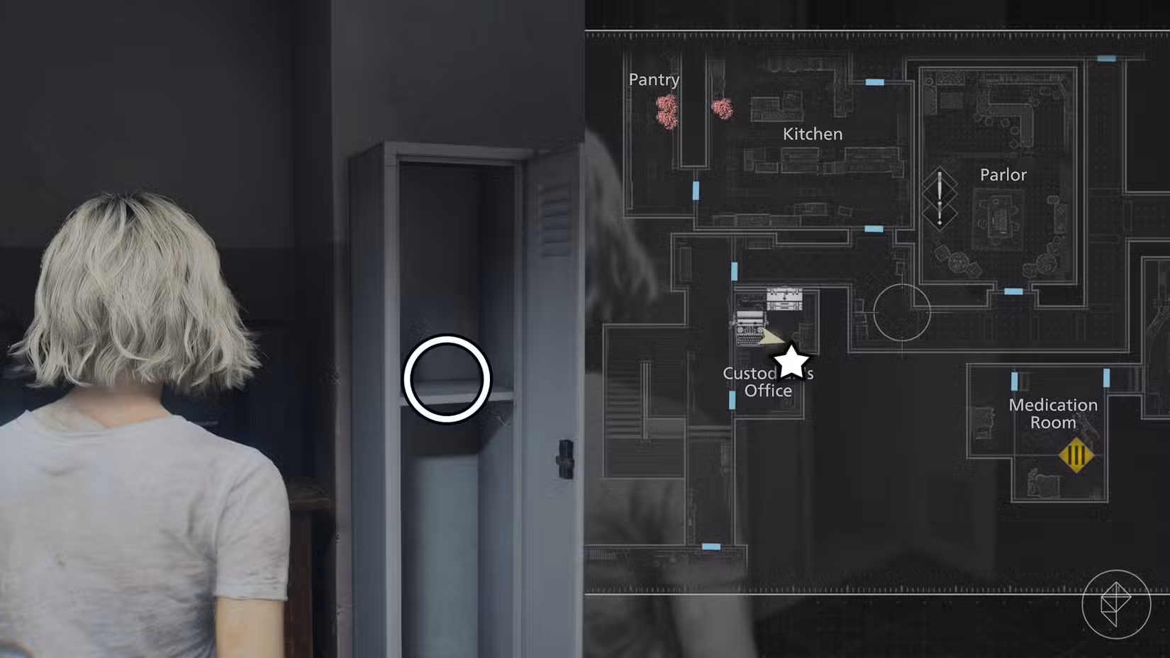 Uma montagem de duas imagens de Resident Evil Requiem mostrando a localização do segundo lockpick do jogo
