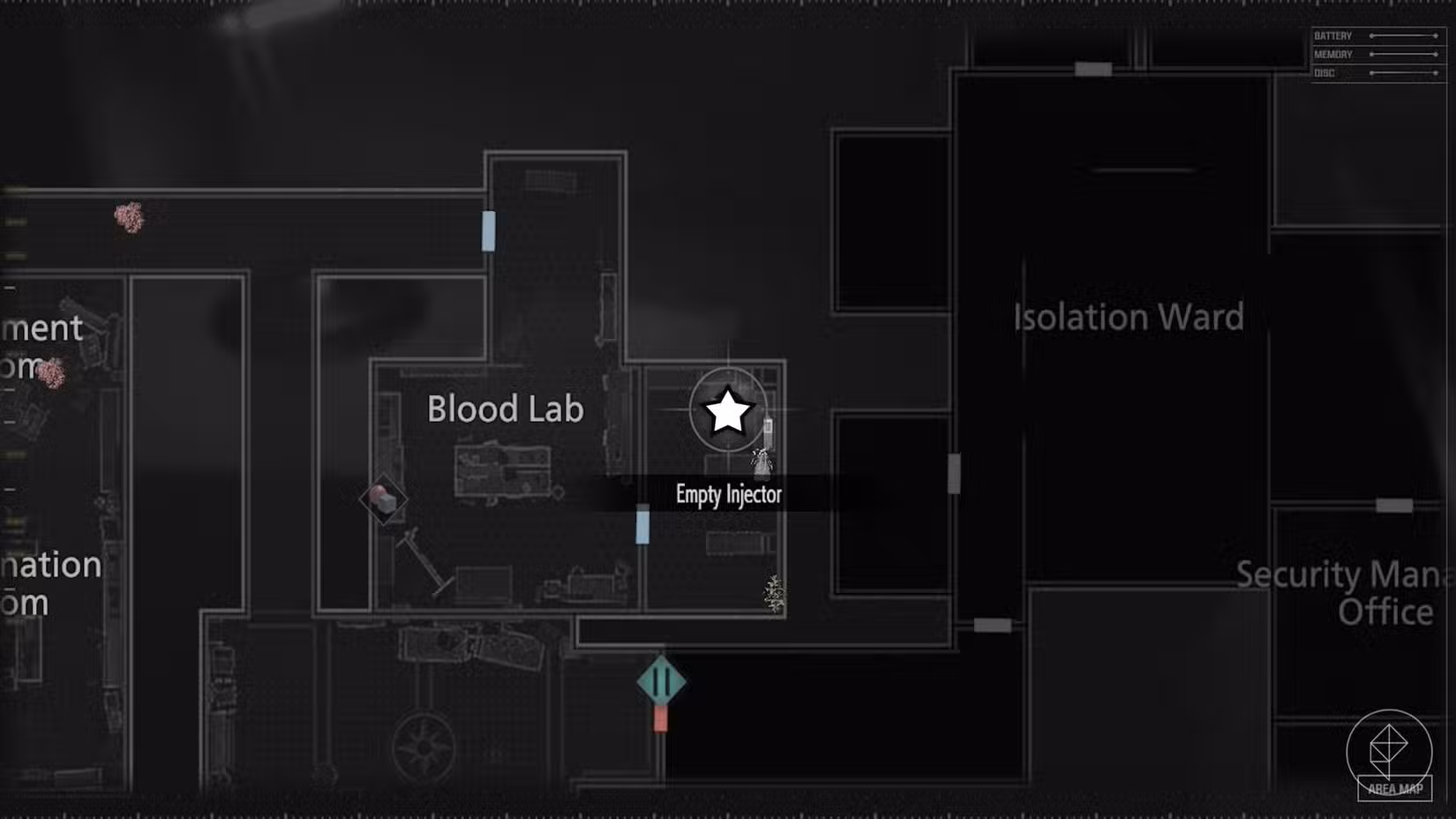 Um mapa mostrando onde encontrar a amostra de sangue reversível em Resident Evil Requiem