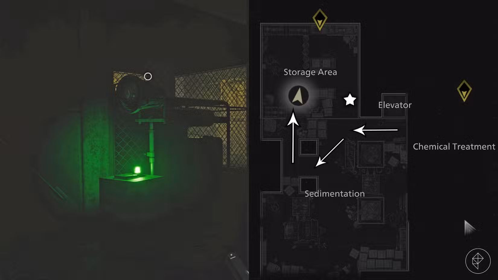 O caminho para a primeira unidade de distribuição de energia na Estação de Tratamento de Água em Resident Evil Requiem.