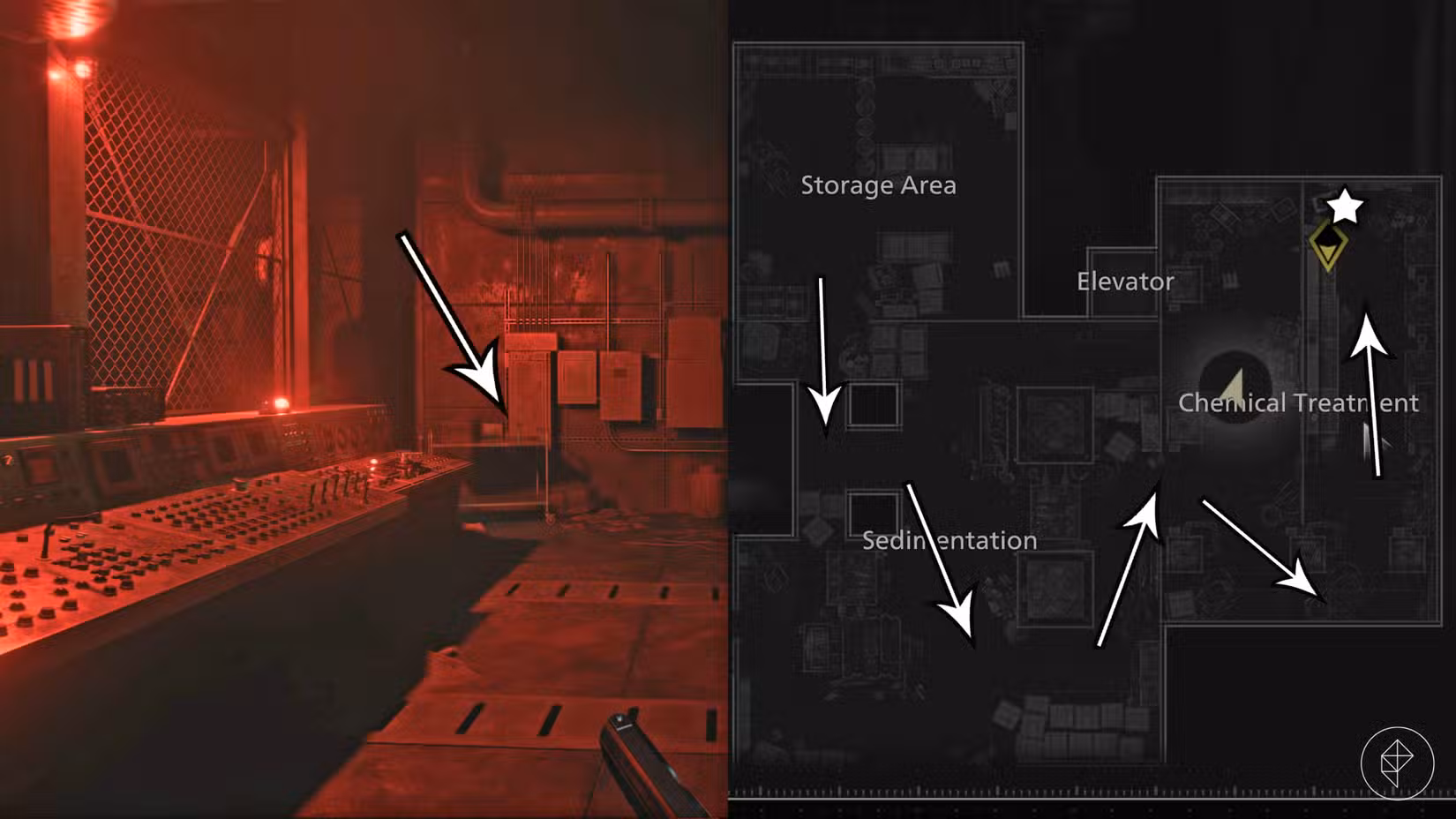 O caminho para a segunda unidade de distribuição de energia na Estação de Tratamento de Água em Resident Evil Requiem.