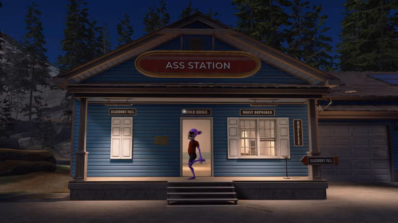 Um alienígena dança sob uma placa em Roadside Research