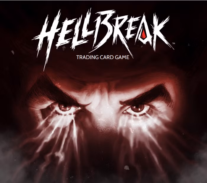 O logotipo do jogo de cartas Hellbreak com um olhar sombrio nos olhos do Drácula