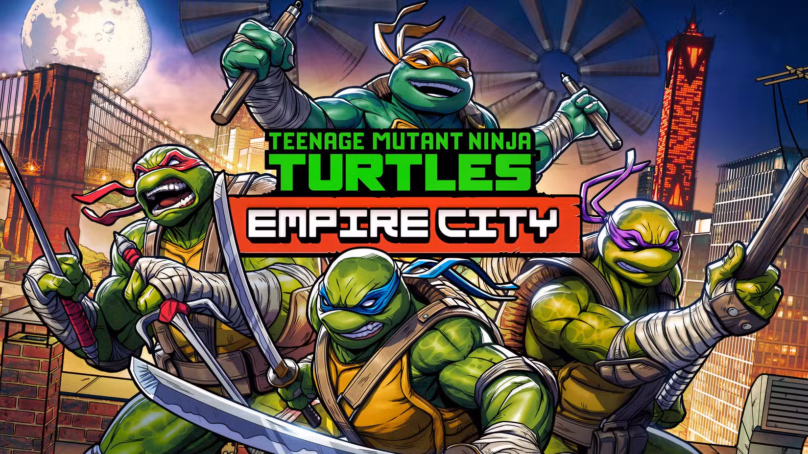 As Tartarugas Ninja em pose de ação