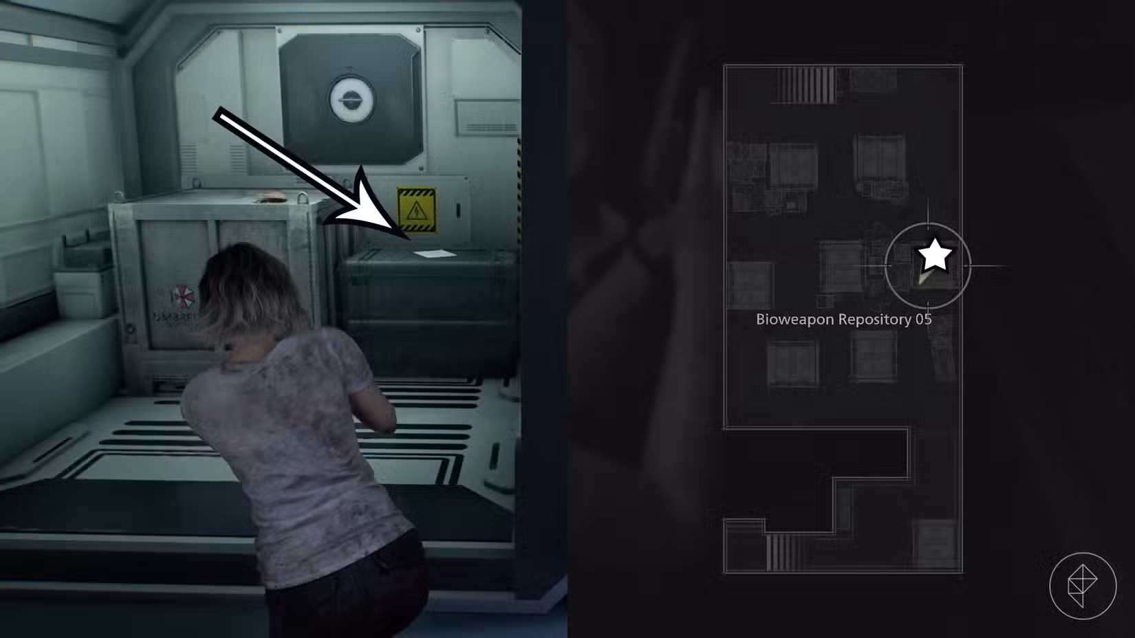 Uma montagem usando duas capturas de tela de Resident Evil Requiem mostrando a localização do documento que contém o código de segurança do Monitor Control Room