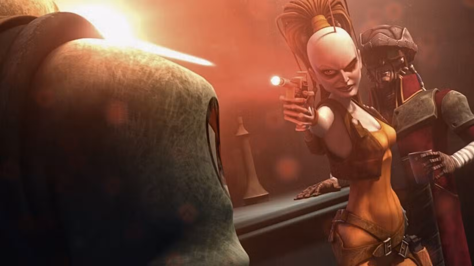 Uma imagem da série animada Star Wars: The Clone Wars. Apresenta Aurra Sing, uma alienígena em um macacão laranja com uma antena saindo de sua cabeça gigante. Ela levanta um blaster e atira enquanto o menino Hondo Ohnaka, um alienígena, olha alarmado.