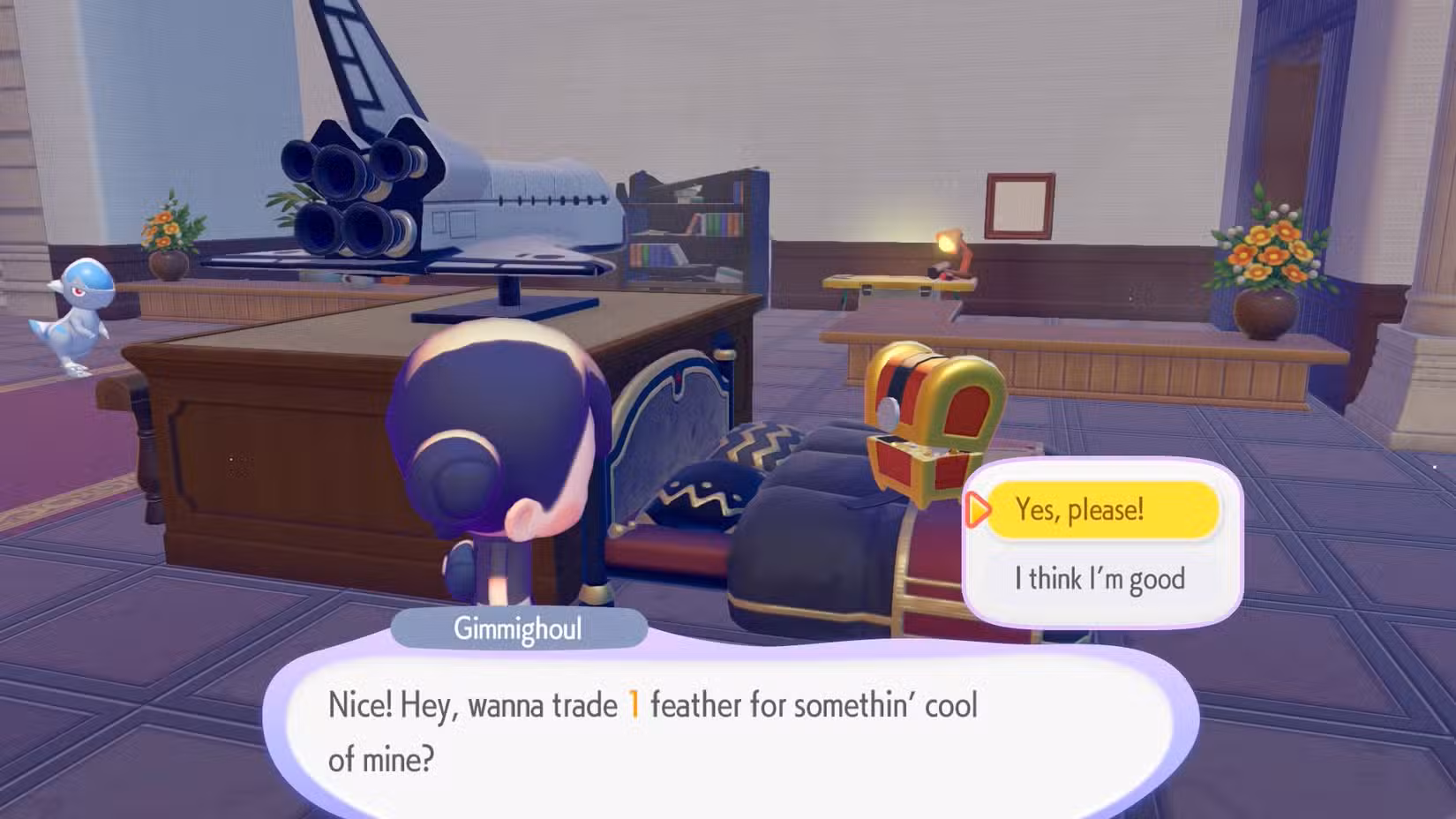 Gimmighoul se oferece para trocar uma pena por algo "legal" em Pokopia