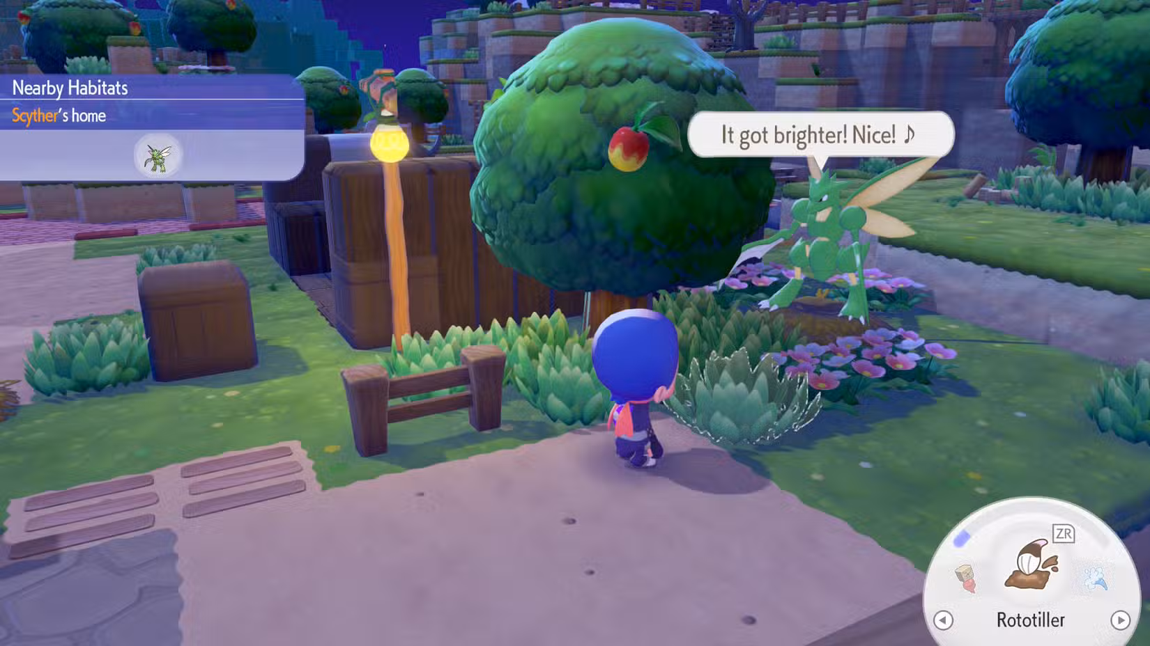 Scyther expressando felicidade por ter uma nova fonte de luz em Pokémon Pokopia